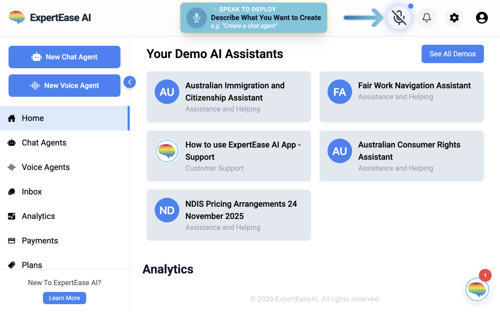Voice-activated AI agent builder interface showing Voice-to-Deploy feature in action